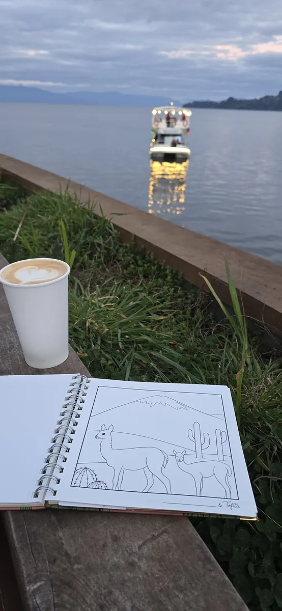 Página de vicuñas y cactus del libro Atacama, abierta junto a un café